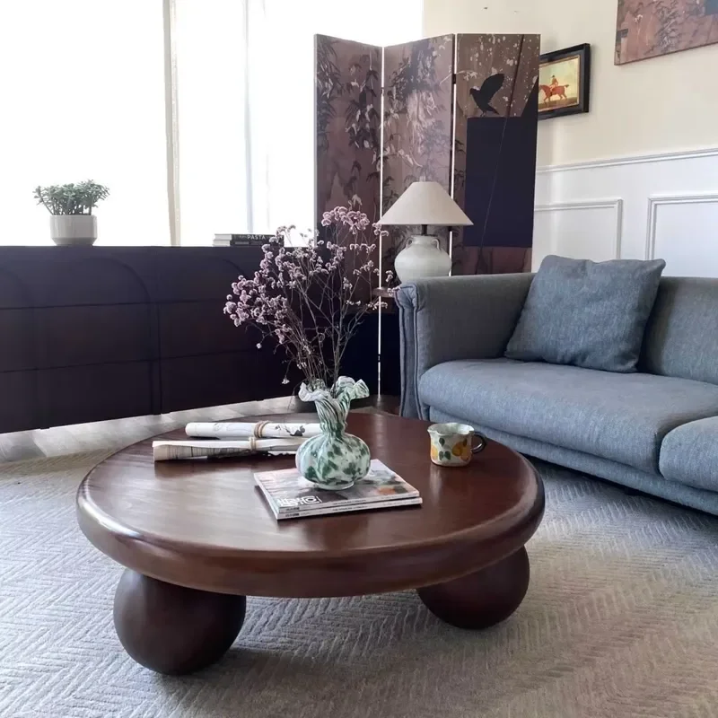 Nordic Modern Simple Wooden Coffee Table with Solid Round Ball Shaped Base Legs for Small Apartment Living Room Furniture