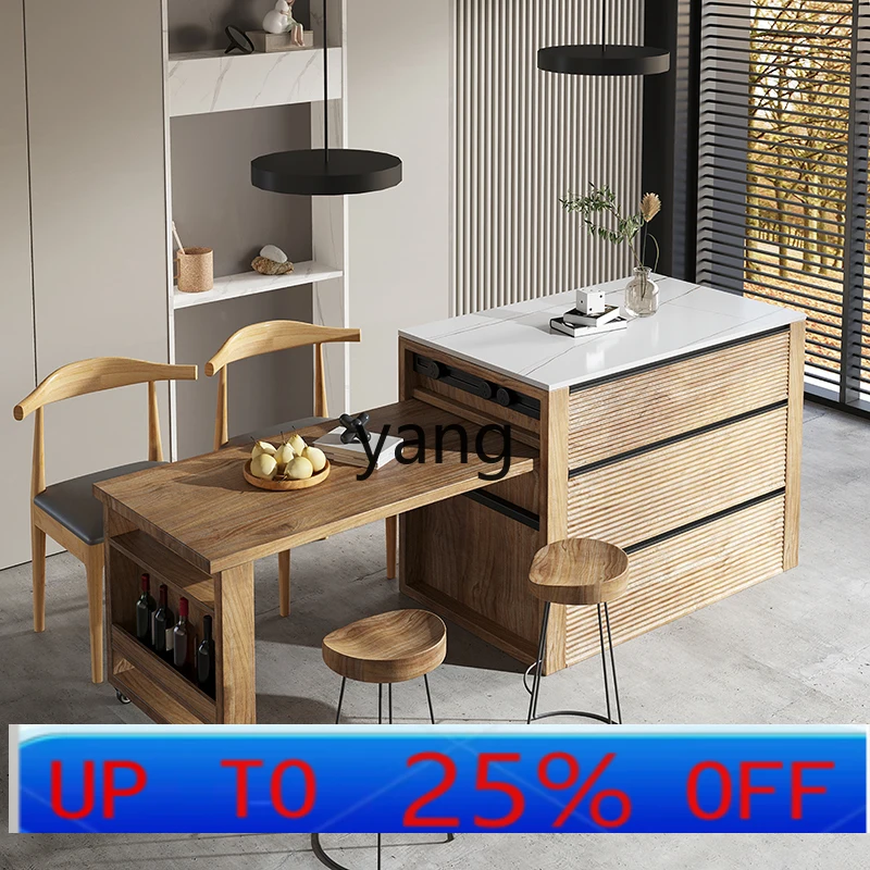 

LMMSolid Wood Bar Counter with Rock Slab Top Kitchen Coffee Operation Table Tea Storage Cabinet