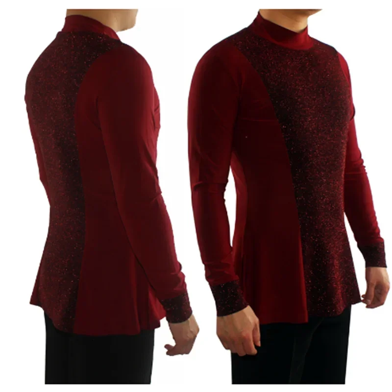 Elastische Latin Dance Shirts Mannen Lange Mouw Latin Top Mannen Ballroom Chacha Danskleding Wedstrijd Performance Wear