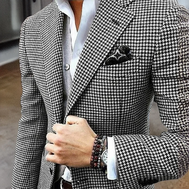 

Plaid Wedding Suit Jacket for Men Notched Lapel Check Blazer Houndstooth Pattern 2024 Male Fashion Coat In Stock