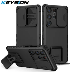 KEYSION Shockproof Case for Samsung S24 Ultra 5G S24+ Slide Camera Lens Protection Stand Phone Cover for Galaxy S23 FE S23 Ultra