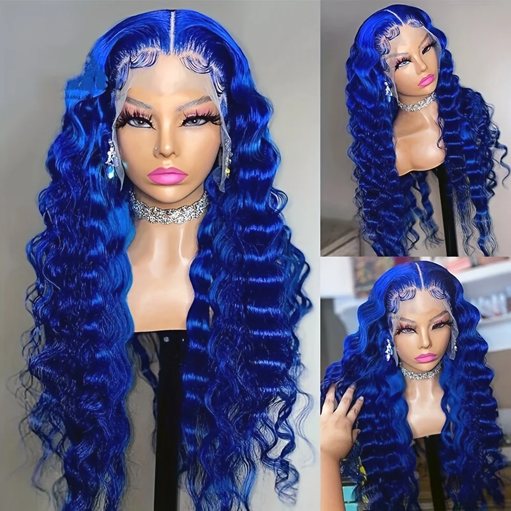 

Длинные синие парики с кружевной вставкой 13x4, глубокая волна, предварительно вычесанная линия роста волос, натуральные кудри, без клея, термостойкие, синтетические