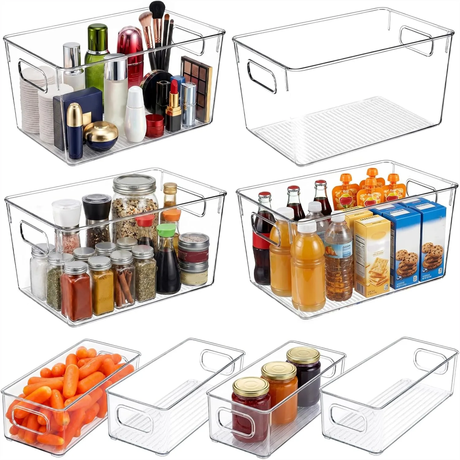

8 Pack Clear Plastic Storage Bins with Handles, 4 Large 4 Small Stackable Organizer Containers for Kitchen Countertops Cabinets