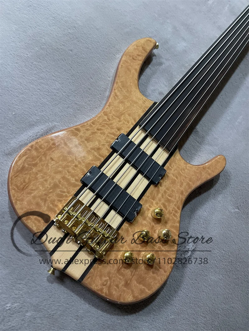 6 Strings Fretless Electric Bass SMi Guitar Squilted Maple Top Golden Bridge Active Battery  Factory Custom