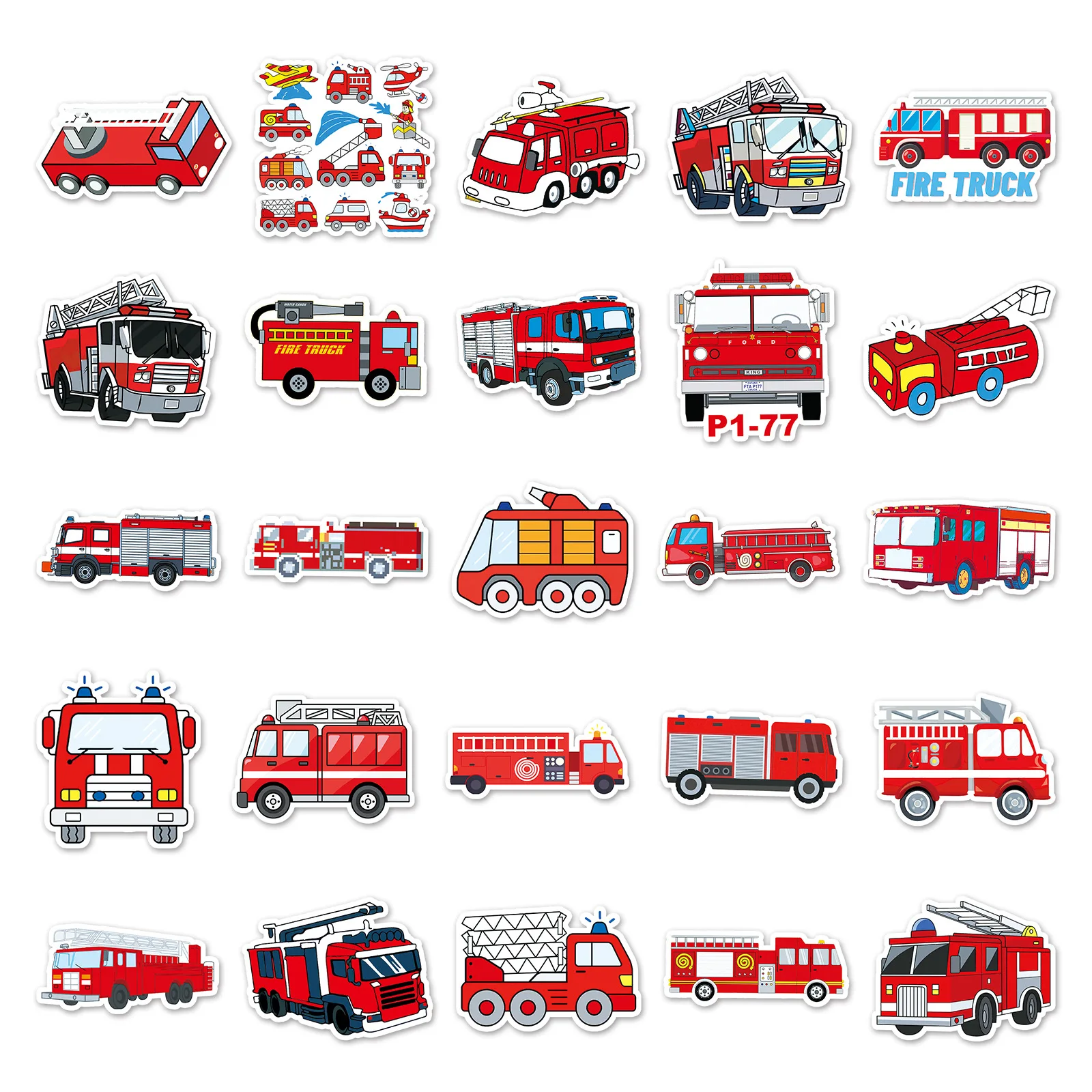 50Pcs/Pack INS Novelty Cartoon Cute Fire Truck Series Stickers PVC Waterproof Stickers Decals For Kids Boys Girls Toys Gift