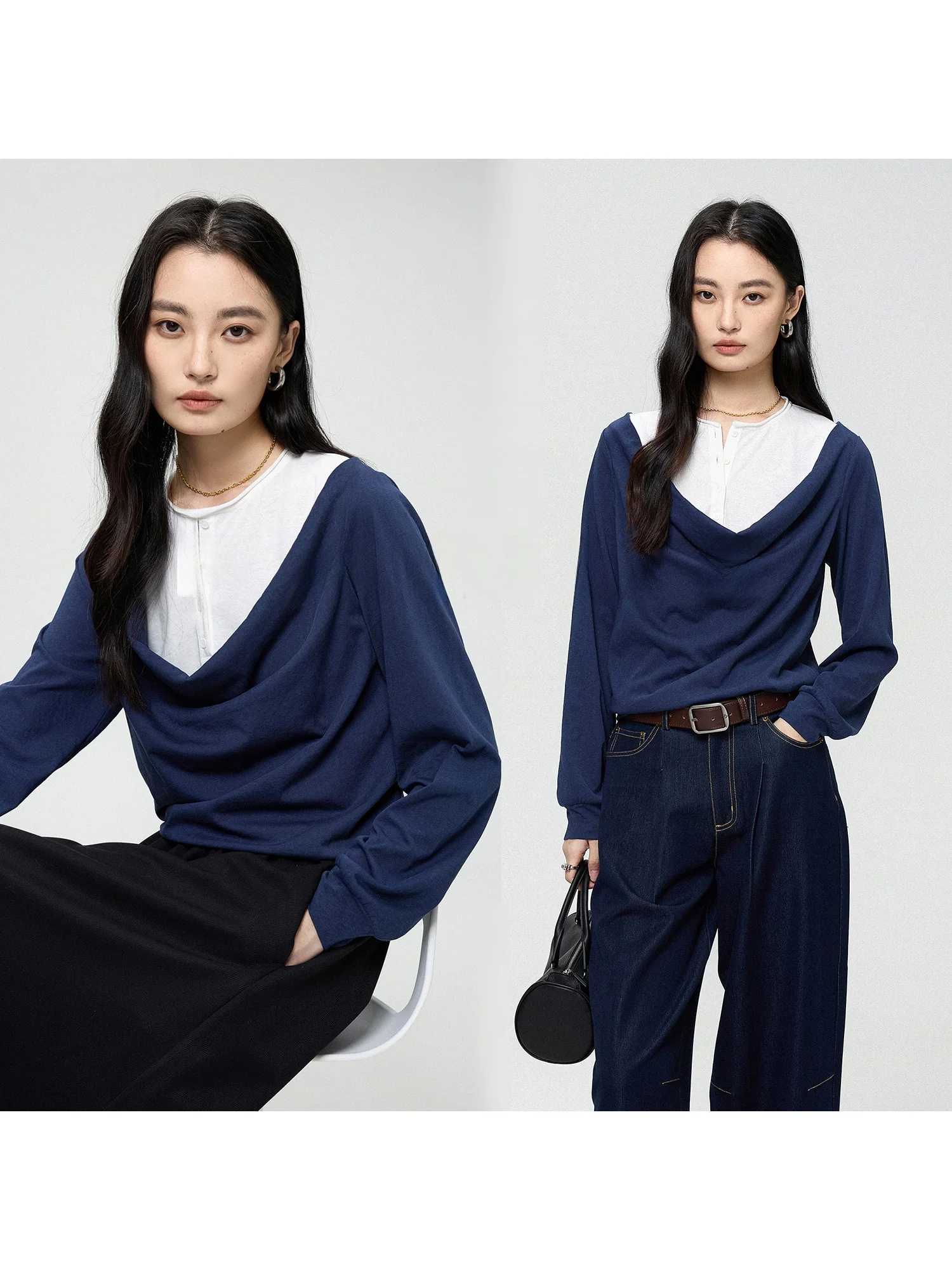 

FANLE STUDIOS Silk Wool Feel Anti-Ball Long Sve round Ne T-irt Casual Sle Splicing Design Slimming Illusion Ladies Top