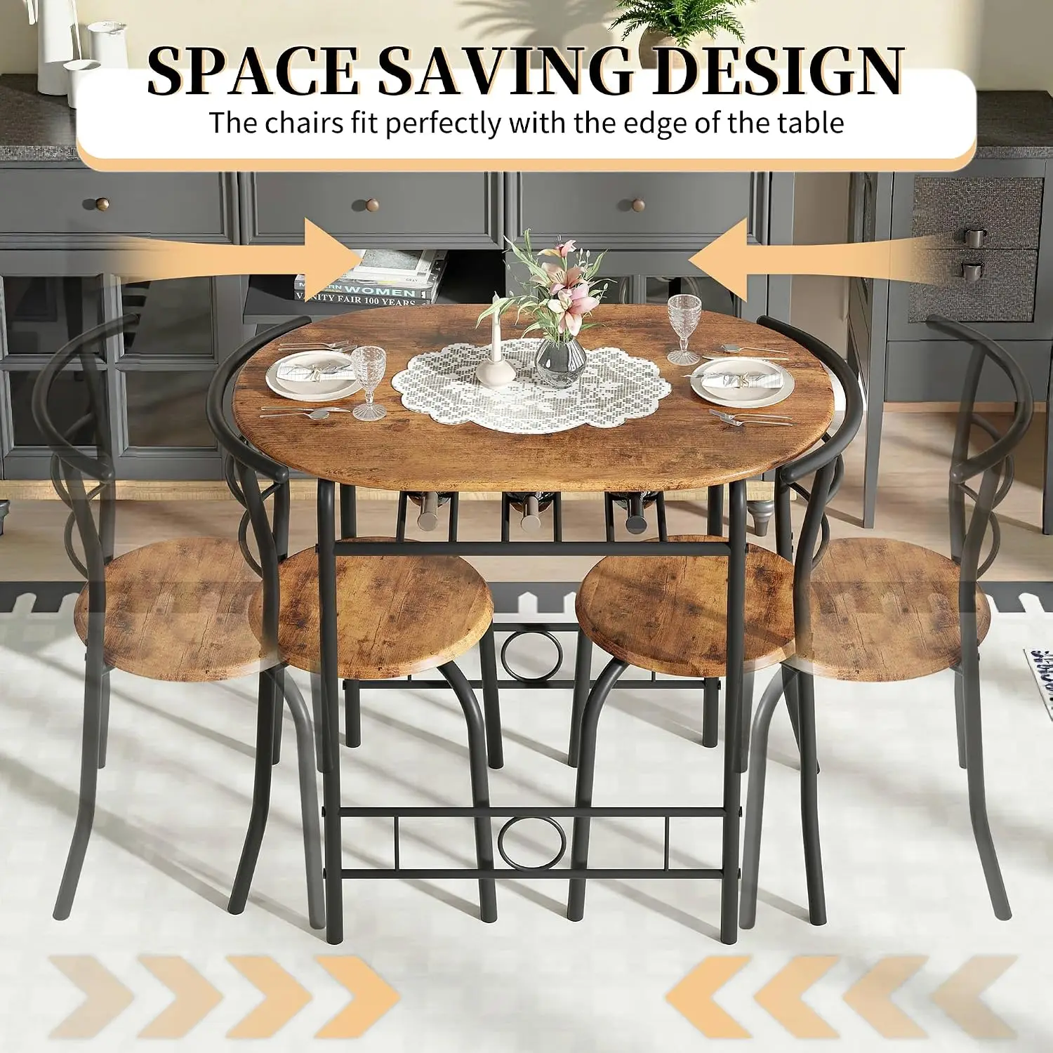 3-Piece Dining Table Set for Kitchen Breakfast Nook, Wood Grain Oval Tabletop and Metal Frame with Built-in Wine Rack, for Small Spaces, Antique Brown & Black