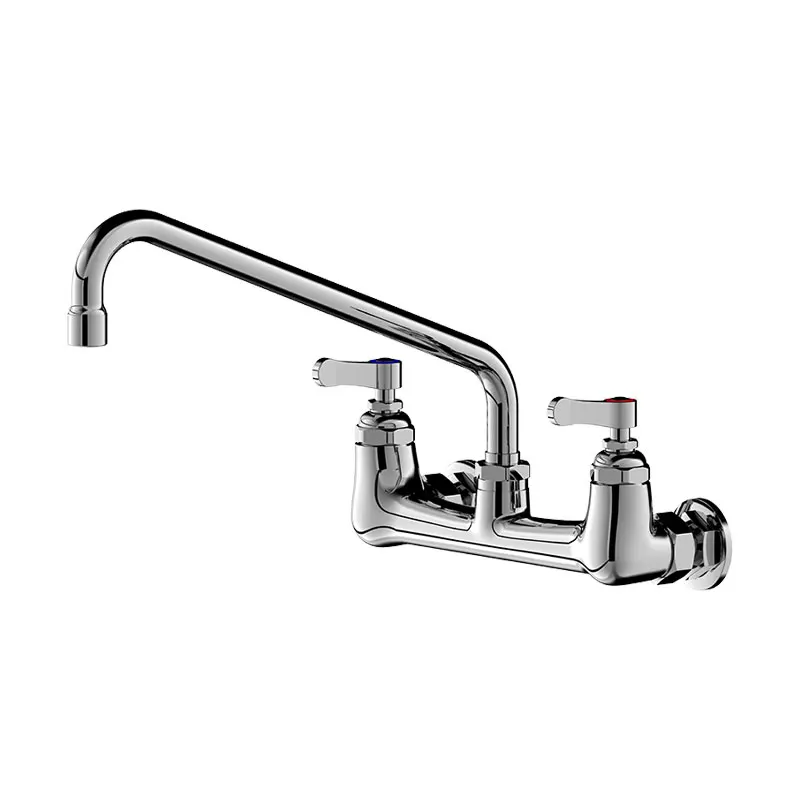 Double Hole Wall Mounted Mixing Faucet - Copper Commercial Sink Faucet with Swing Nozzle & Swivel Gooseneck for Kitchen Wash Bas
