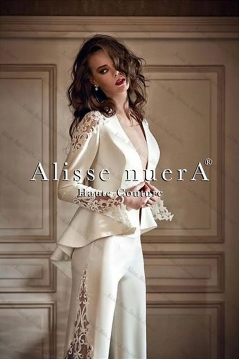 

White Satin Women Suits Set 2 Piece Lace Blazer+Pants Trousers Sexy Hollow Back Customized Office Lady Jacket Wedding Coat