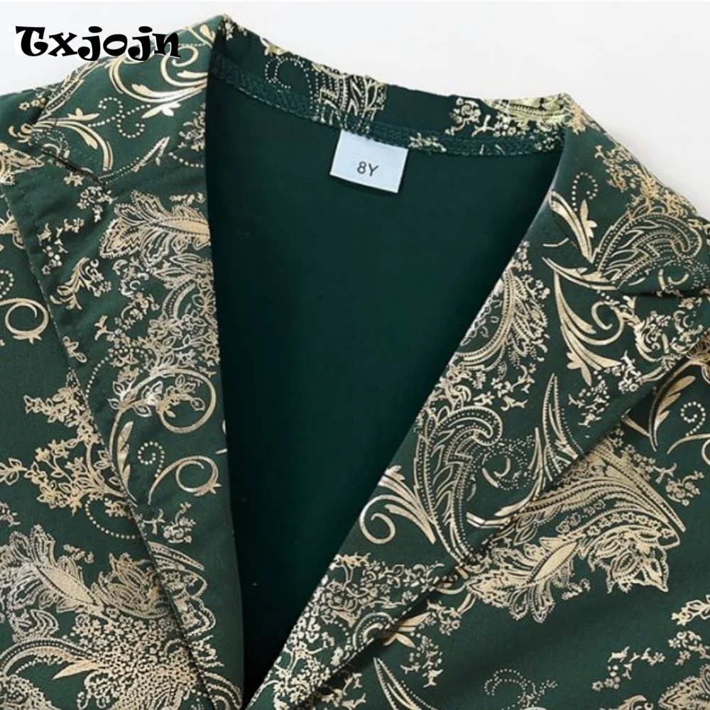 Formal Boys Suit Fashion Homecoming Tuxedos 3-piece Set Performance Costume Embossed Foil-Printed Jacket Pants Tie for Party