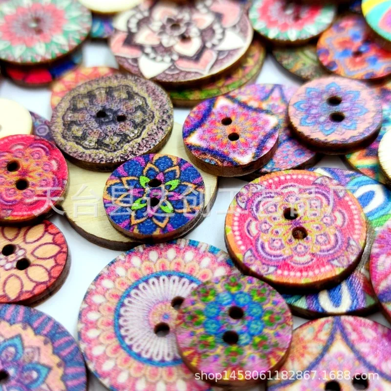 Nieuwe 15 mm / 20 mm / 25 mm retro bedrukte houten schijfknoppen, 100 houten knopaccessoires met antiek patroon