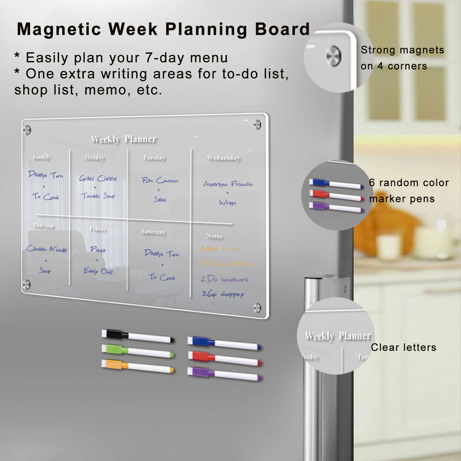 Weekly Meal Planner Magnetic Acrylic Board Dry Erase Board for Fridge Week Calendar for Refrigerator Memo Pad, 6 Random Markers