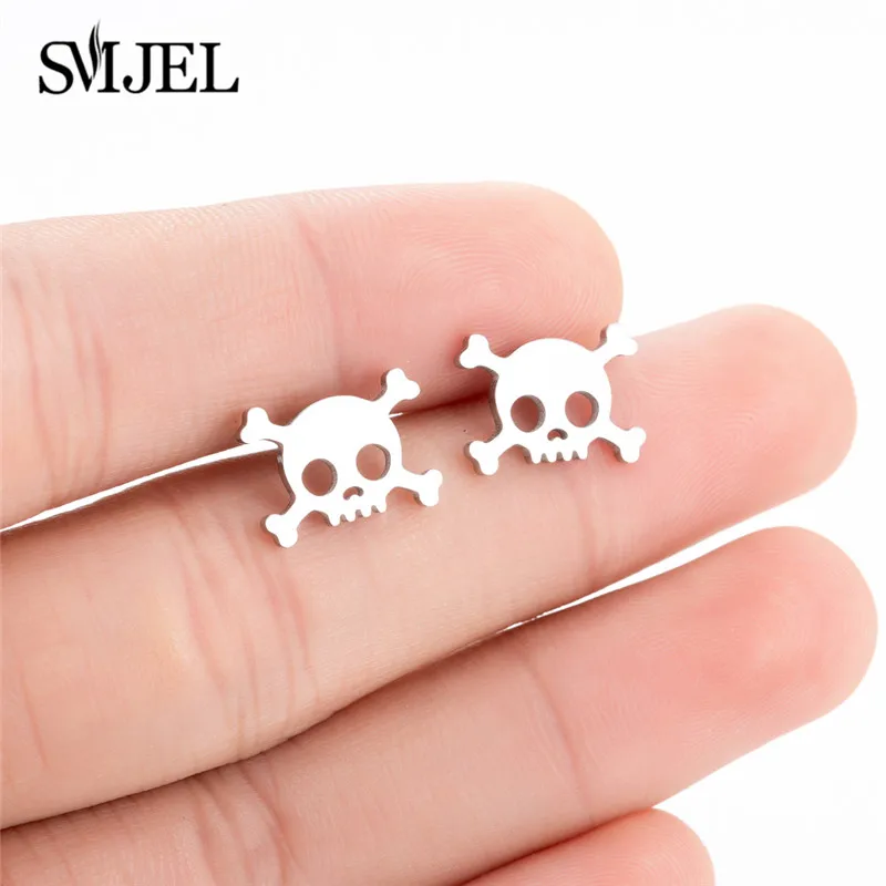 SMJEL-pendientes pequeños de calavera pirata para chicas geniales, joyería negra, pendiente de tuerca de Hip-hop, pendientes de esqueleto Vintage, Piercing para oreja 2019