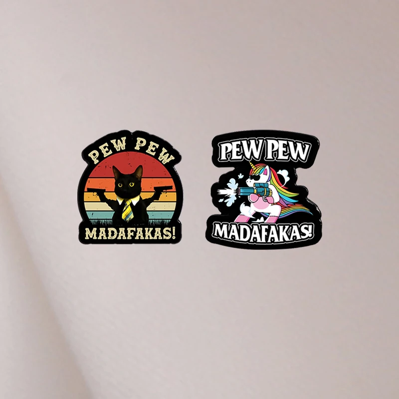 PEW PEW MADAFAKAS! Enamel Pins Cartoon Anime Role Rainbow Horse Killer With Guns Brooches Lapel Badges Jewelry Gift for Friends