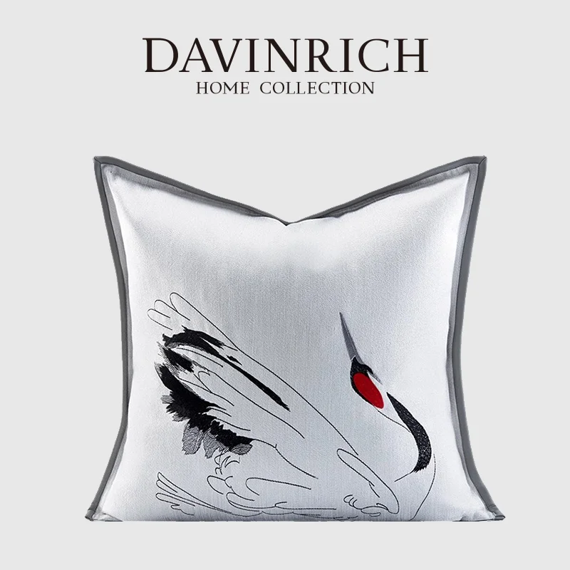 DAVINRICH Exclusive Pillow Cover Oriental Crane Embroidery Luxury Silk Satin Decorative Cushion Case 48x48cm Unique And Gorgeous