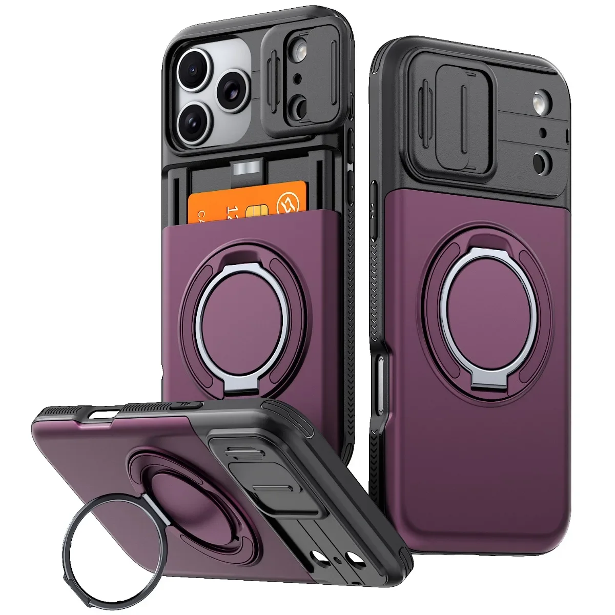 Coque de téléphone antichoc de luxe en PC+TPU pour iPhone 18 17 13 Pro Max 14 15 16 Plus avec anneau magnétique, support et fente pour carte, étui portefeuille