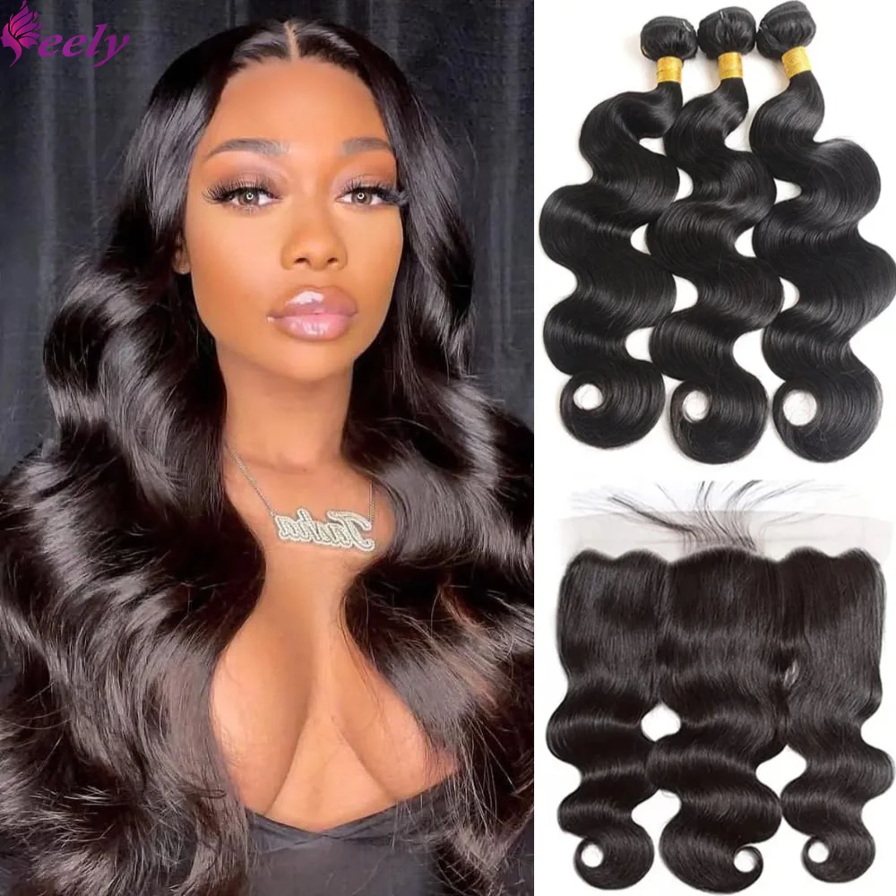 Body Wave Bundles with Frontal Human Hair Brazilian Remy Bundles Human Hair with Frontal 13x4 Lace Weave Extension Natural Black