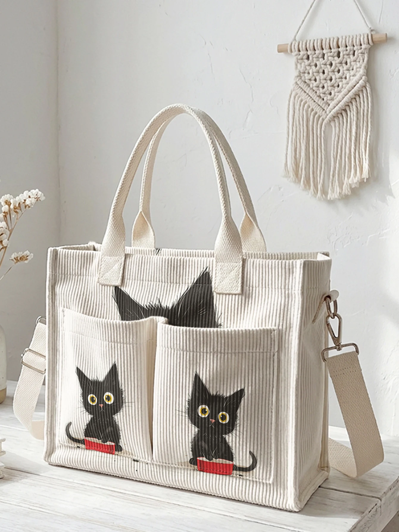 Bolso Tote de Pana con Estampado de Gatitos Negros, Gran Capacidad, Múltiples Bolsillos, para Amantes de los Gatos, Bolso de Hombro para Viajeros