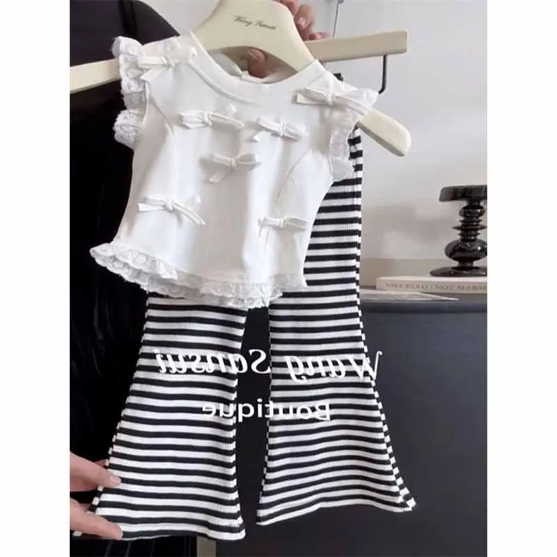 Girl's Top Set Children Bowknot Sweet Suit Summer Sleeveless Vest Striped Pants 2 Pieces Kids New Fashion Casual Outfit 2-8 Year