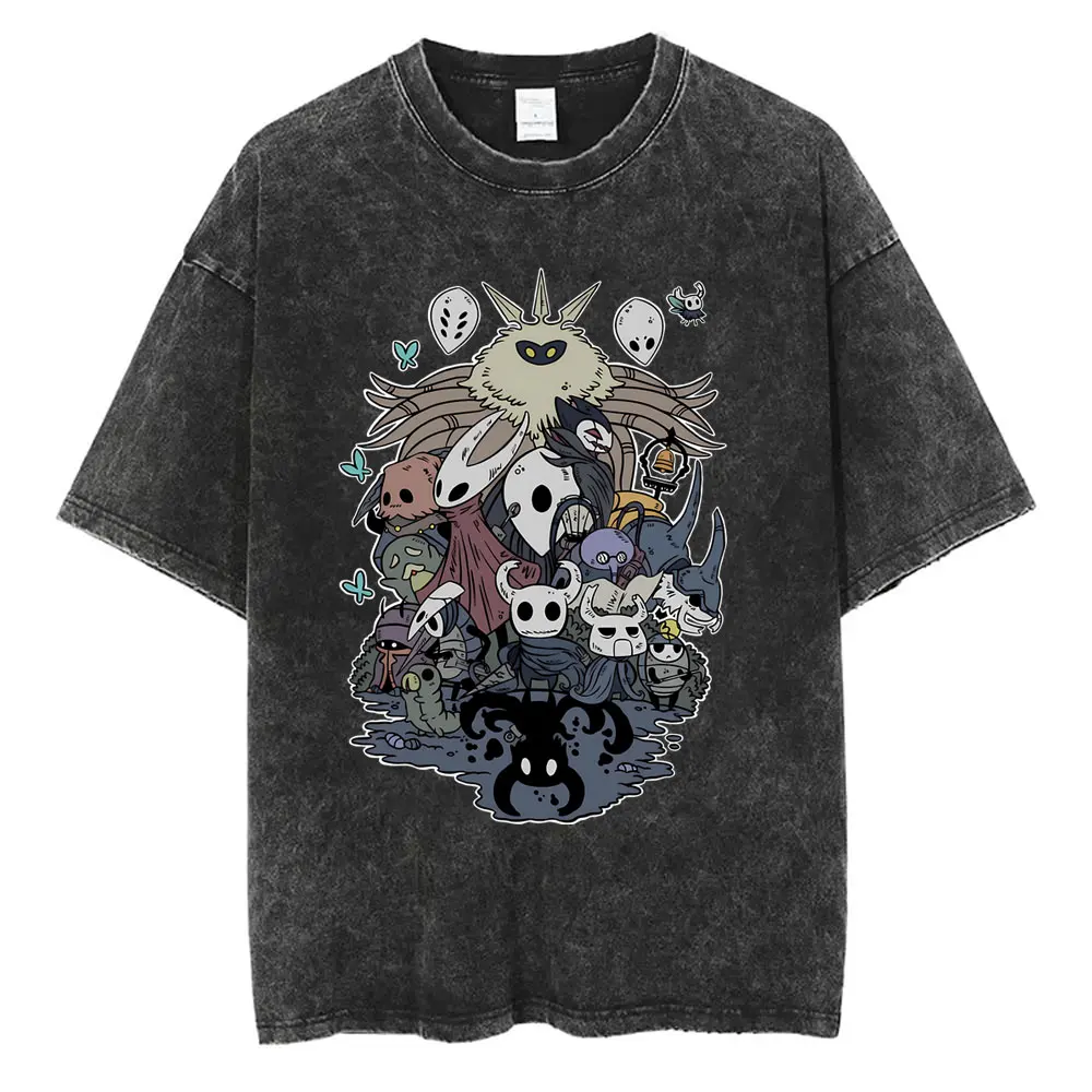 

Gaming Hollow Knight Graphic Washed T Shirts Men Women Casual Washed Cartoon T-shirts Tops Funny Game Lover Short Sleeve T-shirt