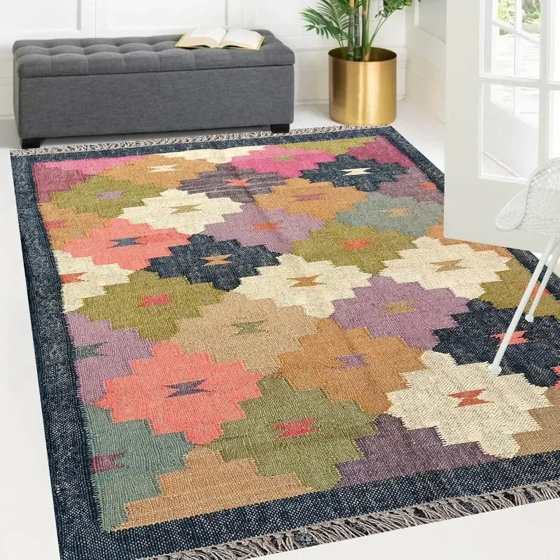 

Rug Jute Wool Accent Runner Rug Vintage Kilim Geometric Handwoven Area Rug