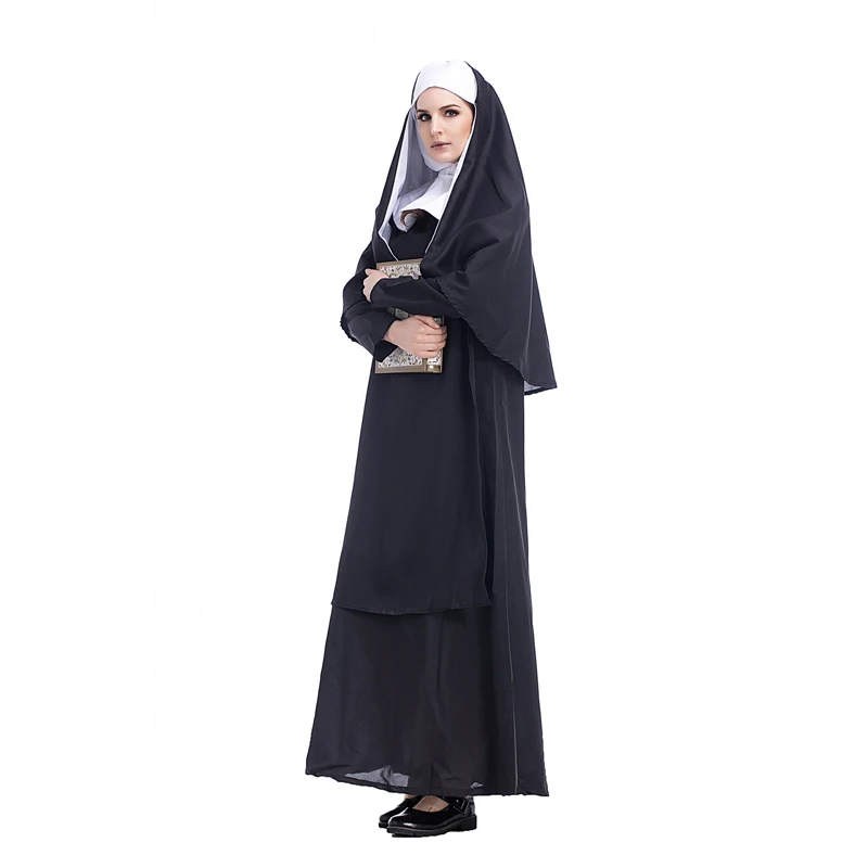 1PC Adult Women Traditional Nuns Costumes Black Robe Religious Catholic Priest Sister  Clothes Cosplay Party Dress