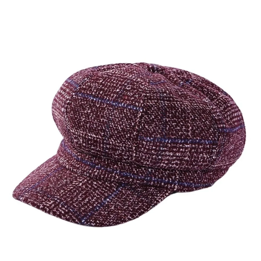 

Vintage Woolen Plaid Octagonal Hat Thick Ear Protection Painter Caps Keep Warm Korean Style British Berets Autumn