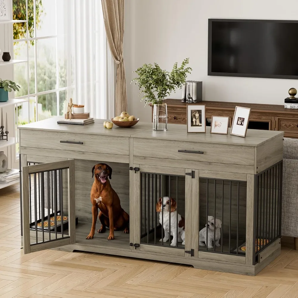 

72.05 Inch Wooden Large Dog Crate Furniture: Double Doors, Divider, 2 Drawers & Bowls