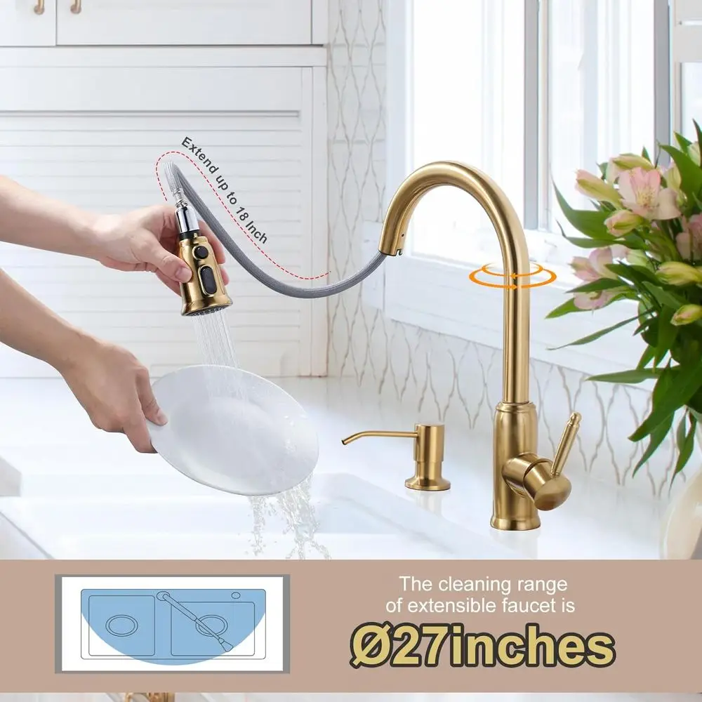 صنبور مطبخ عتيق عالي القوس قابل للسحب للأسفل مع موزع صابون، تركيبات حوض الفولاذ المقاوم للصدأ لتركيب 2 أو 4 فتحات #3