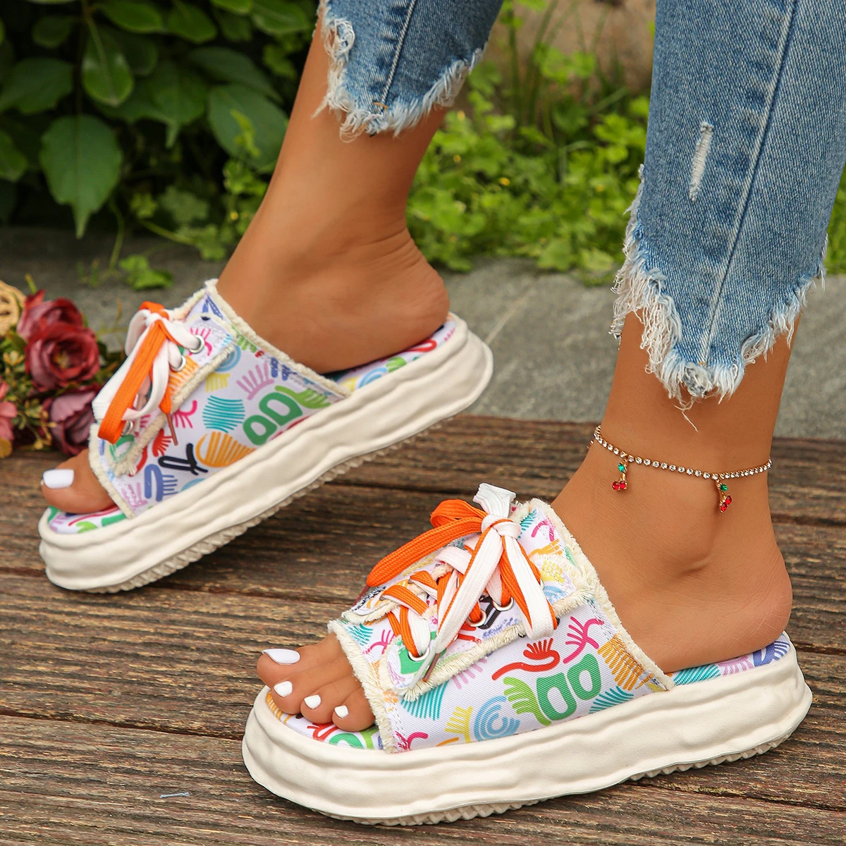 Women Slippers 2024 New Summer Fashion Flats Platform Shoes Casual Lace Up Sandals Designer Flip Flops Zapatos De Mujer Slides