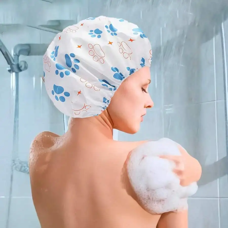 

Reusable Waterproof Shower Cap For Women Double Layer EVA Bath Cap With Elastic Band
