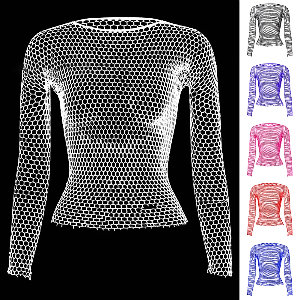 Womens 섹시한 메쉬 긴 소매 Fishnets 탑 섹시한 긴 소매 낚시 그물 탑 여성 티셔츠 크롭 소프트 탑
