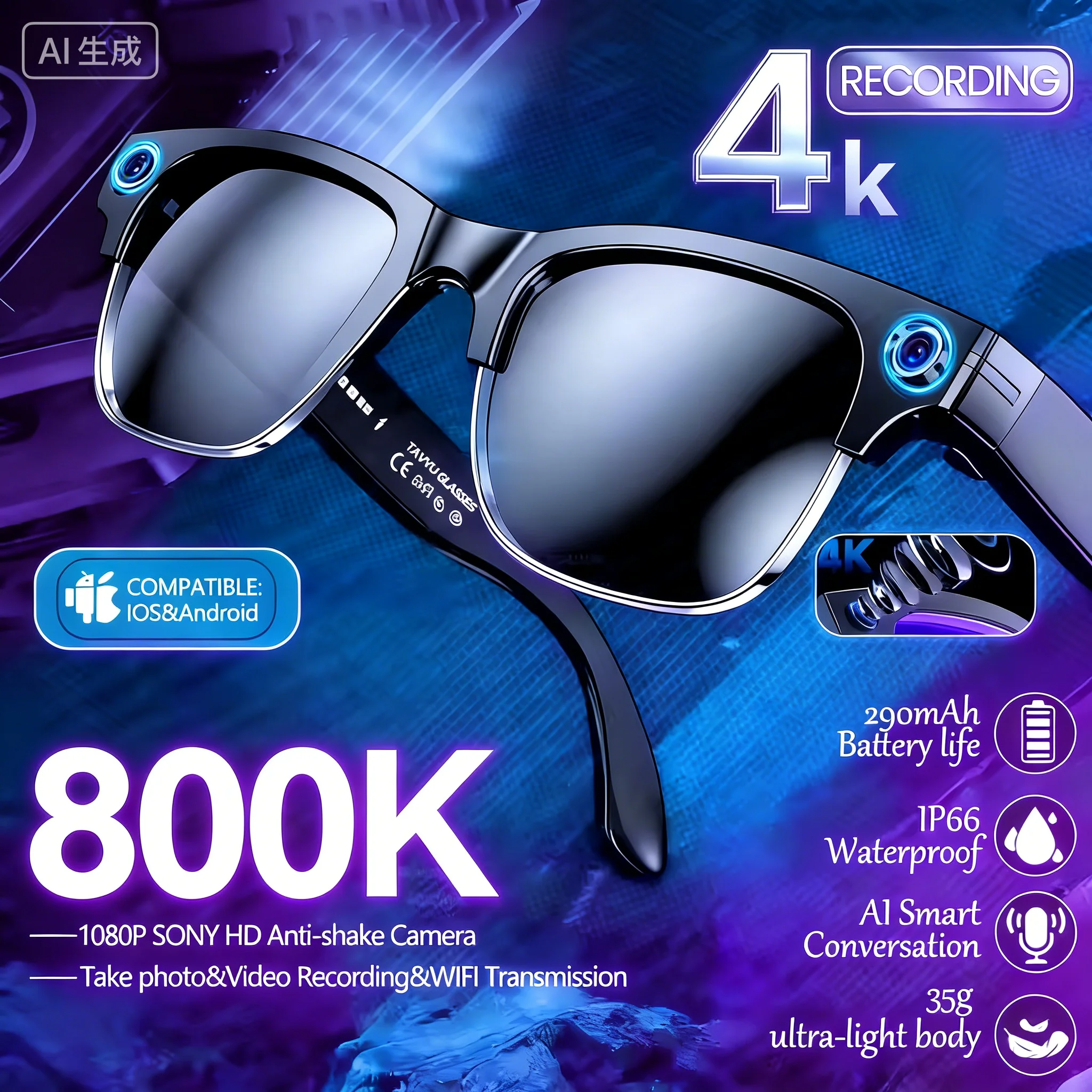 

AI Smart Translation Glasses W630 with 8MP HD Camera Video & Audio Recording BT Calling Outdoor Sunglasses Wearable Headset