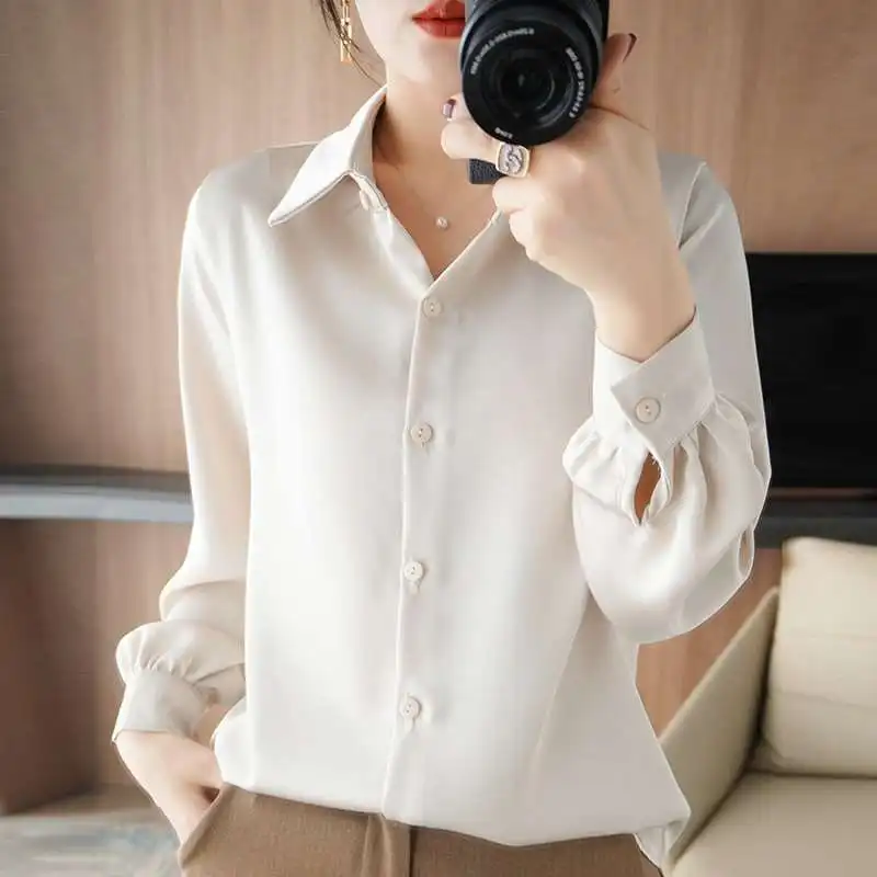 

Новая весенняя женская рубашка из шелкового атласа с длинным рукавом, в деловом стиле, из тонкой ткани, не деформируется, премиум-класса