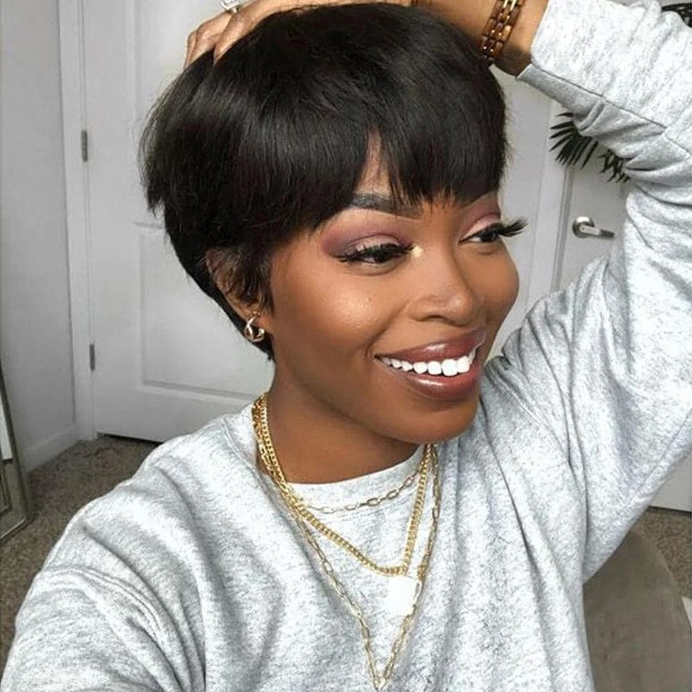 Short Pixie Cut Remy Human Hair Wigs for Black Women Natural Color Non Lace Front Glueless Layered Straight Pixie Wig with Bangs