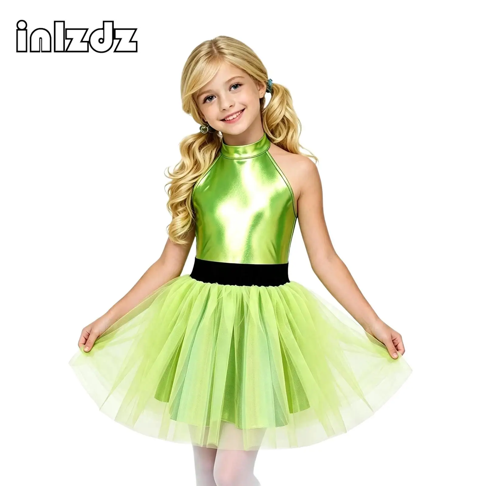 Girls Sleeveless Shiny Metallic Tulle Ballet Dance Tutu Ballerina Gymnastics Skating Leotard Dress for School Show Themed Party