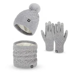 Winter Warm Sets Knitted Scarf Wraps Beanie Pompom Hat Touch Screen Gloves Set for Women