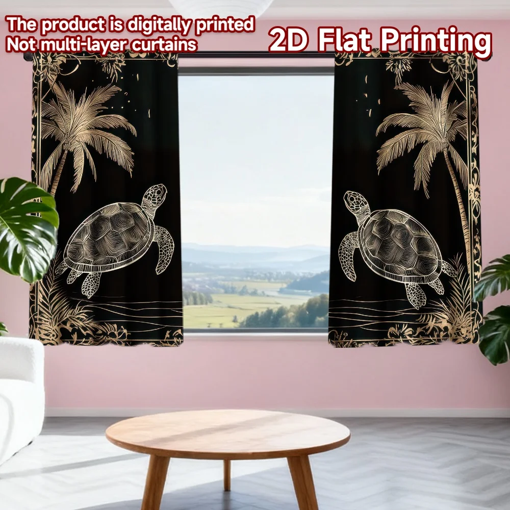 

2D flat printing 2pcs Party Curtains Golden Turtles Under Palm Trees Digital Printed Polyester Drapes Party Decorations for Home