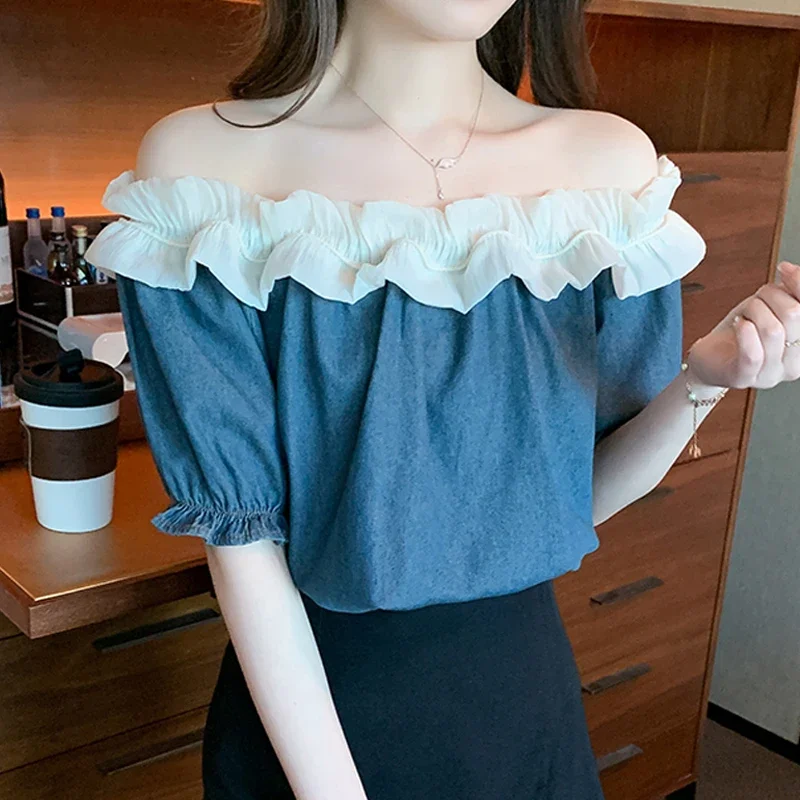 Camicetta Sexy con spalle scoperte stile francese dolce volant Slash Neck Chiffon impiombato Denim top camicia donna manica corta vestiti 27670