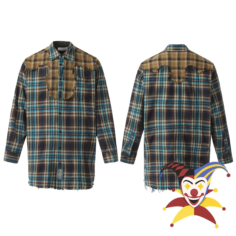 

24SS retro checkered patchwork loose long top shirt Men Women Casual Loose Fit Shirts