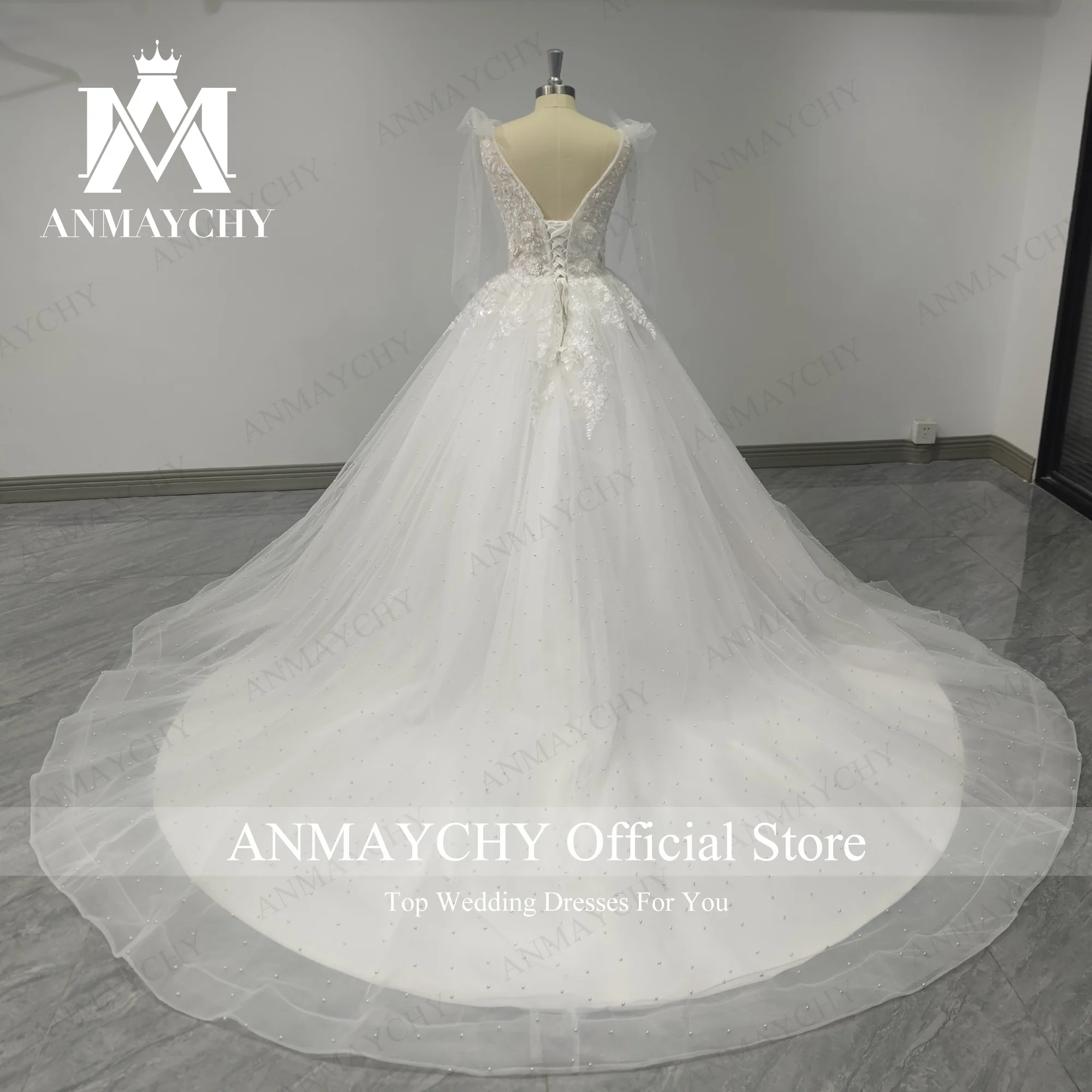 ANMAYCHY A-Line Wedding Dresses For Women 2023 V-neck Beading Bow Flowers Real Show Chapel Train Wedding Gown Vestidos De Novia