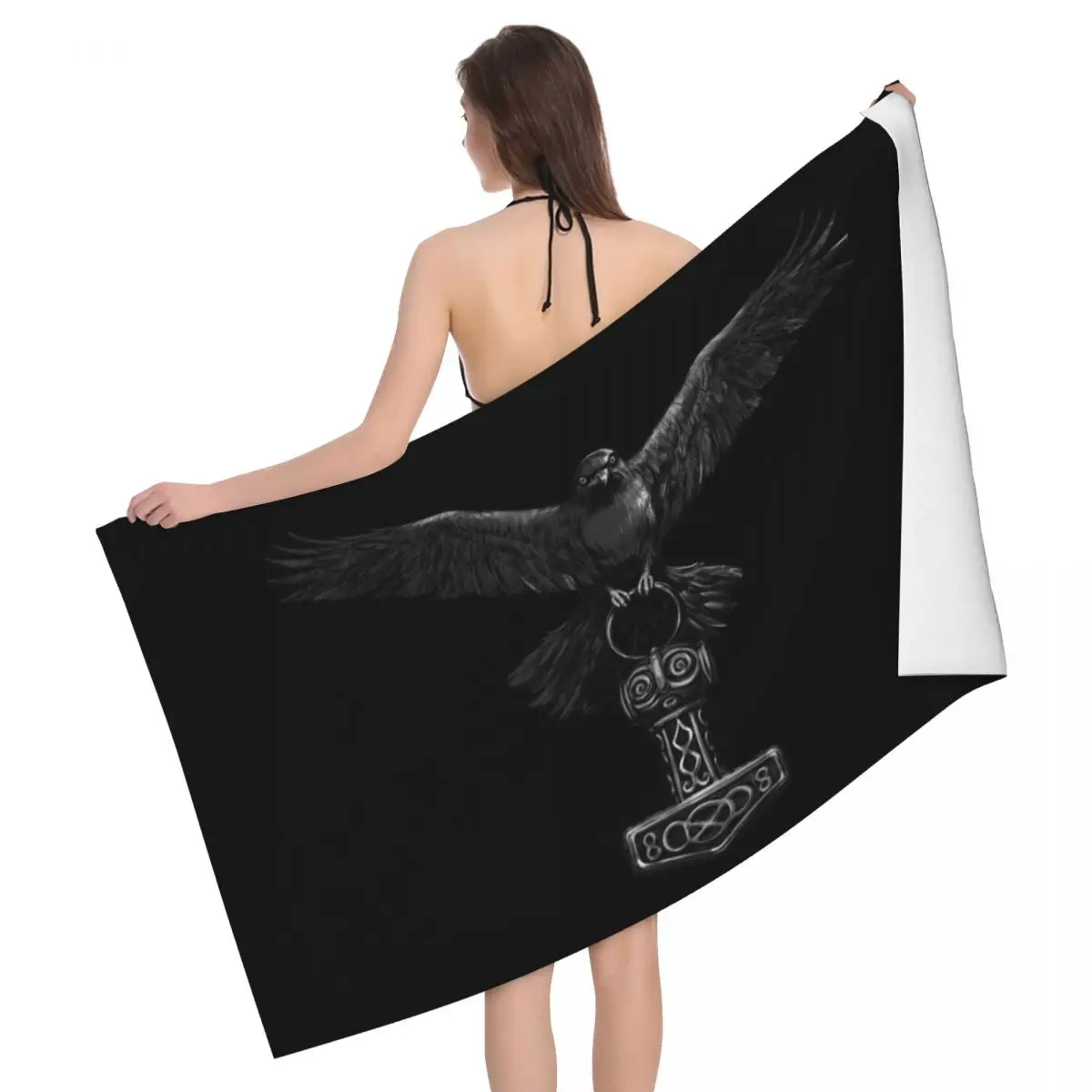 Custom V-Viking Odin Raven With Thor Mjolnir Hammer Beach Towel Quick Dry Norse Odin God  Linen Microfiber Shower Sauna Towels