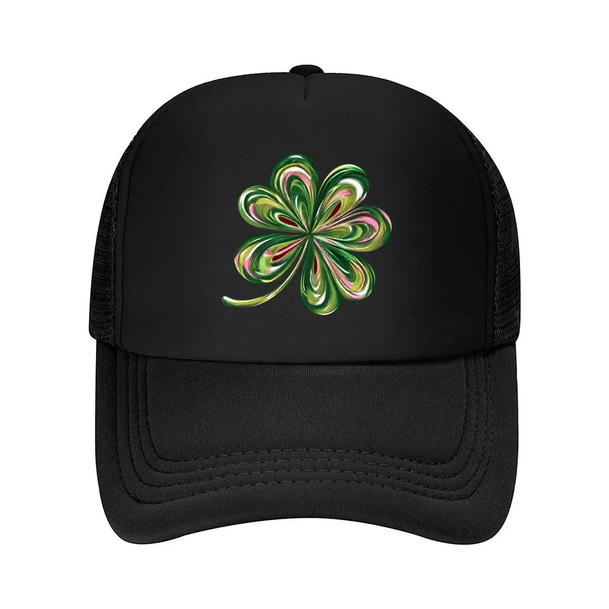 Colorful Four Leaf Clover St Patricks Day Swirl Design Mesh Baseball Cap Hip Hop