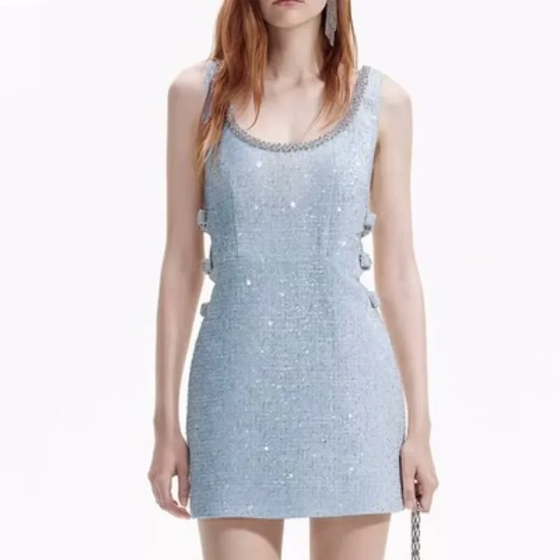 

French Elegant Sweet Princess Diamond O Neck Dress Y2k Small Fragrance Side Bow Hollow Out Short Dress High Street Women Clothes