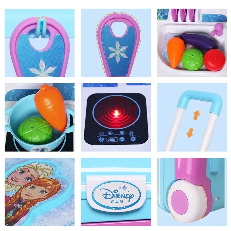 Disney-Frozen Trolley Case para crianças, 2 em 1, Playset de maquiagem, Simulação Kitchen Set, Play House, Brinquedos para meninas, melhor presente, Luzes LED