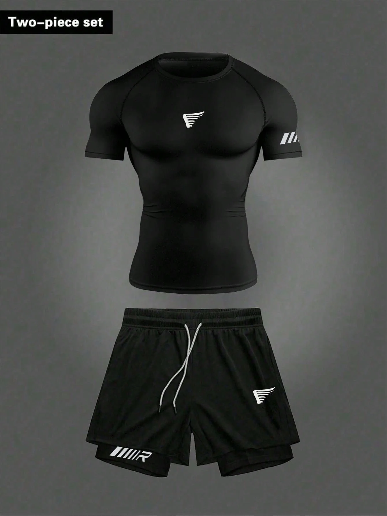 

Men's Spring Summer 2-Piece Gym Set, Wing Print Quick Dry Breathable Compression Tee + 2-in-1 Shorts for Gym Running