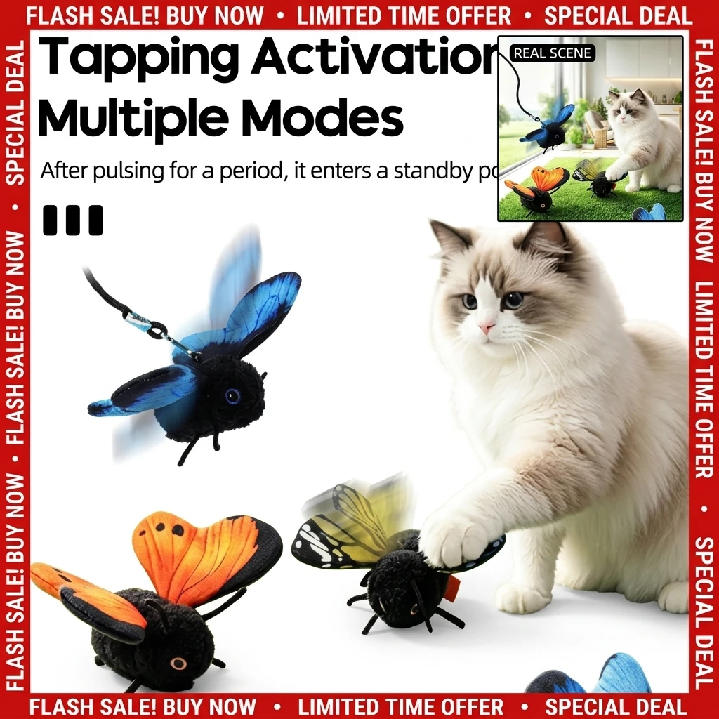 Smart Sensing Flapping Butterfly Toy Interactive Cat Teaser Toy, Rechargeable Motion-Activated Butterfly with Flapping Wings