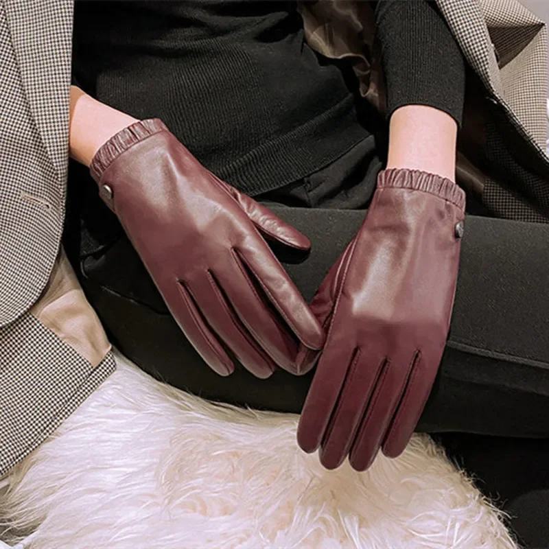 Women Real Leather Gloves Female Autumn and Winter Warm Style Touchscreen Fashion Simple Driving Sheepskin Gloves