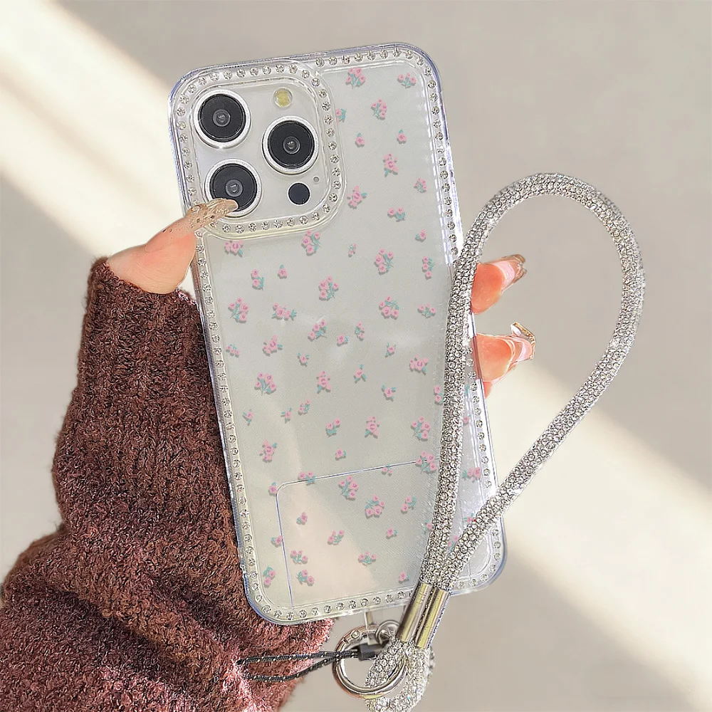

Flower Glitter Rhinestone Clear Phone Case For iPhone 17 Pro Max 11 12 14 13 16 15 Pro Max Stylish Bling Back Cover With Lanyard