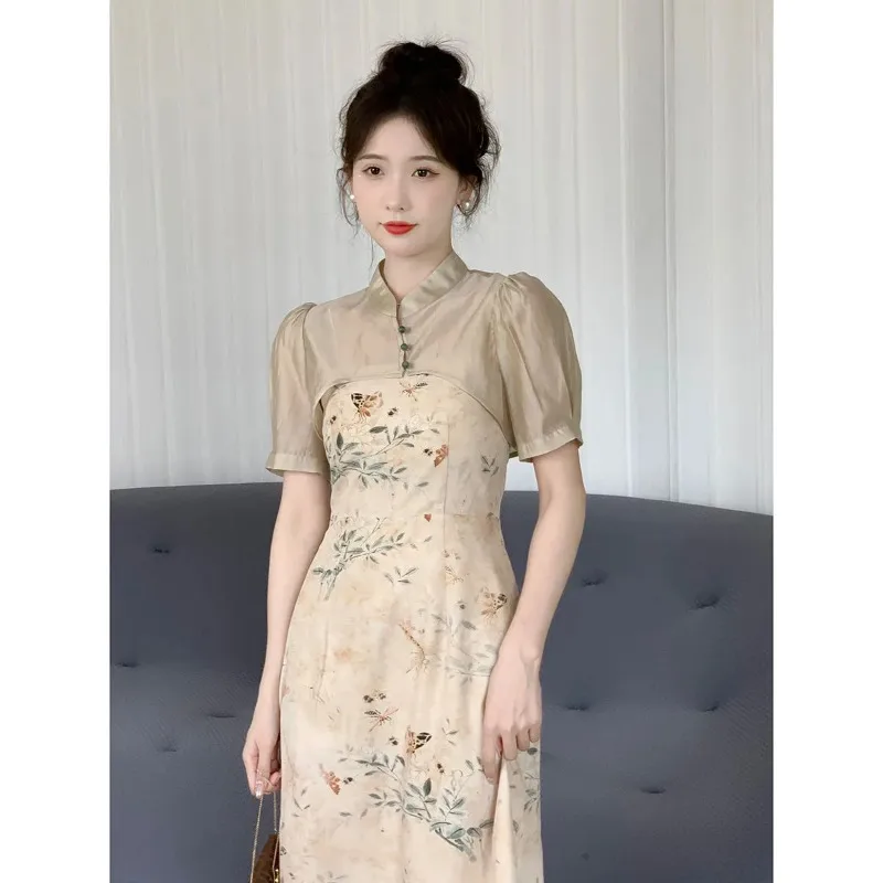 

Новый женский комплект в китайском стиле: винтажное платье-ципао с принтом в стиле тушевой живописи и полупрозрачное болеро-накидка